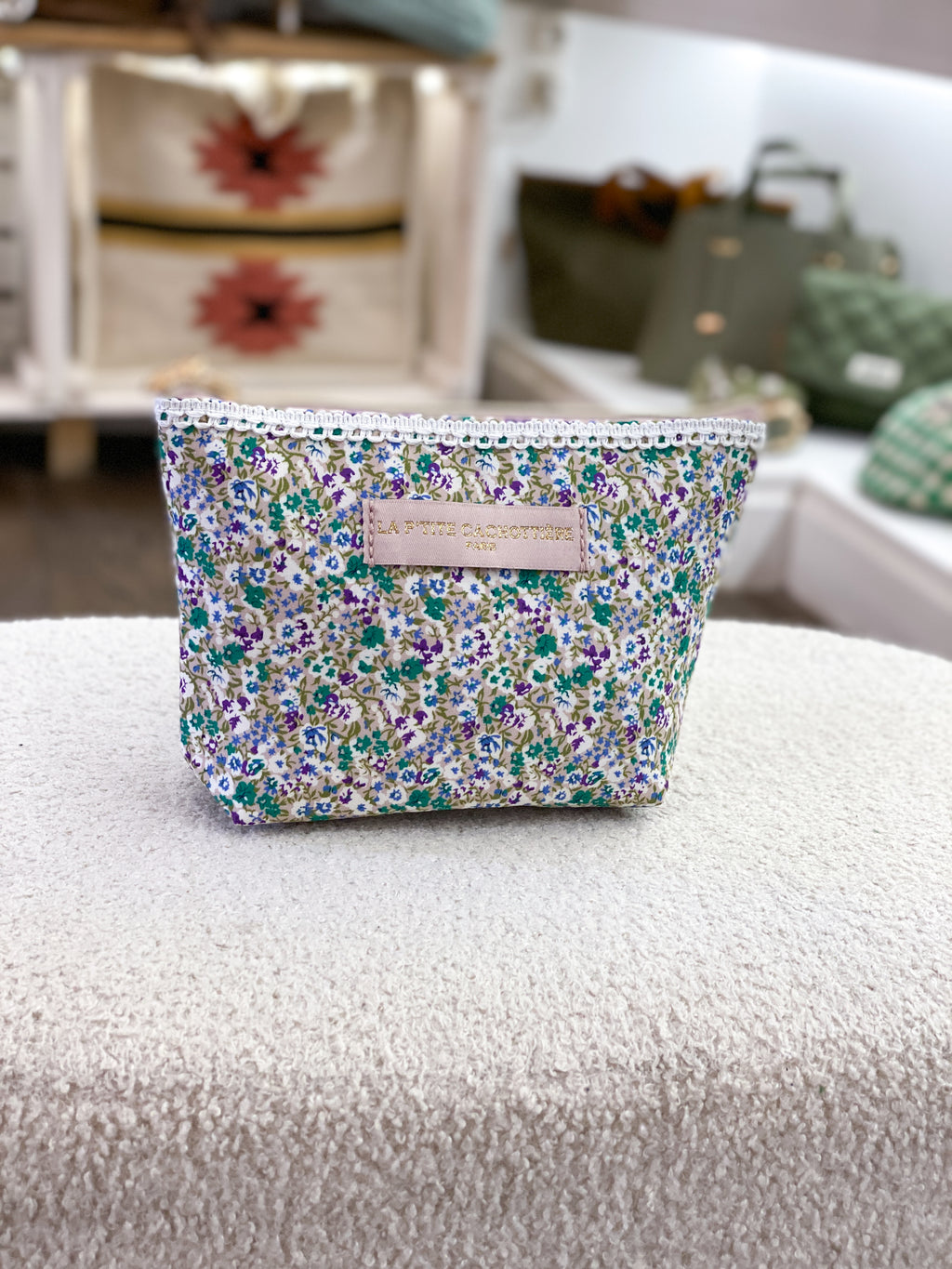 Pochette en coton zippée fleurie avec dentelle
