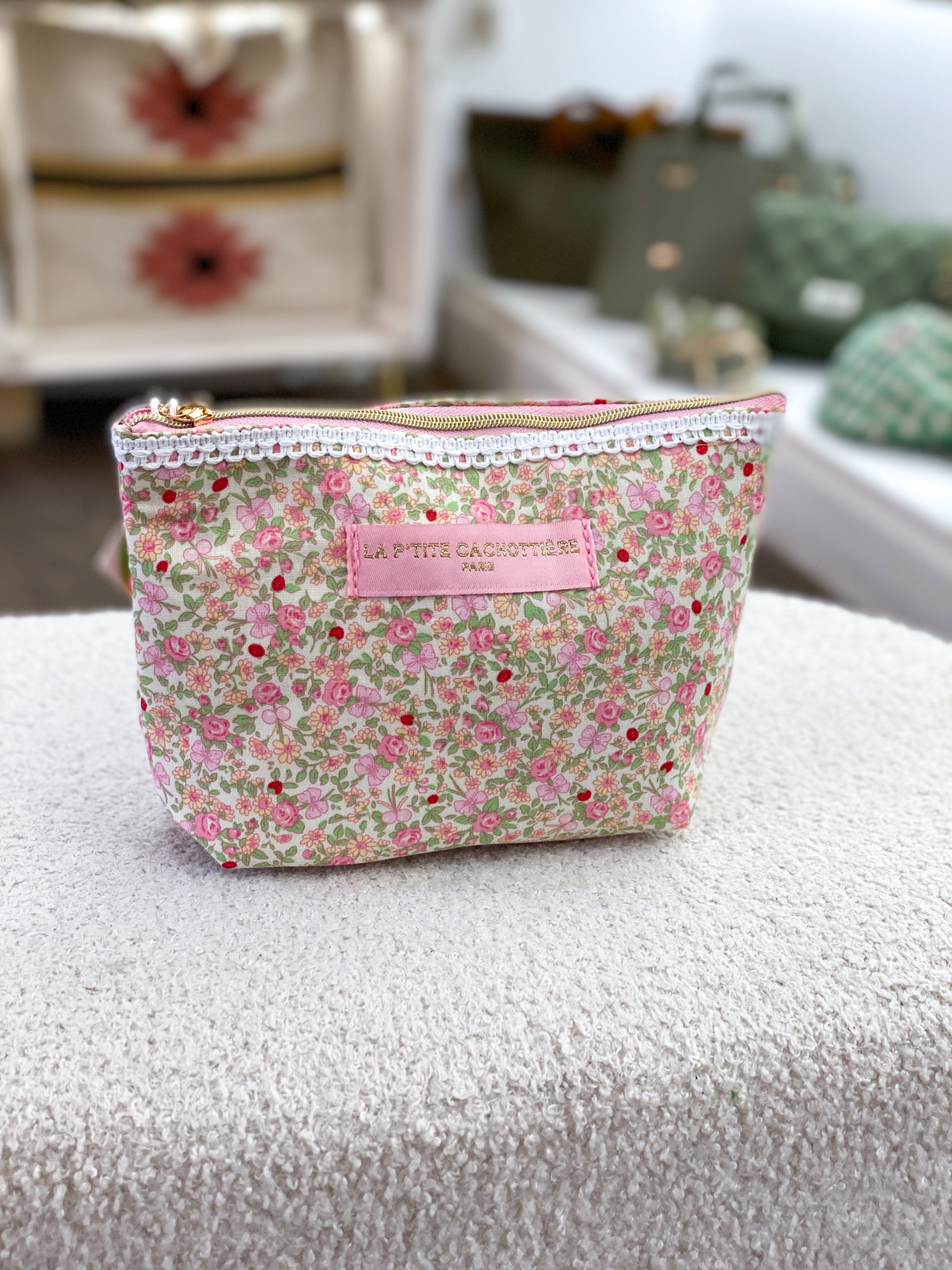 Pochette en coton zippée fleurie avec dentelle
