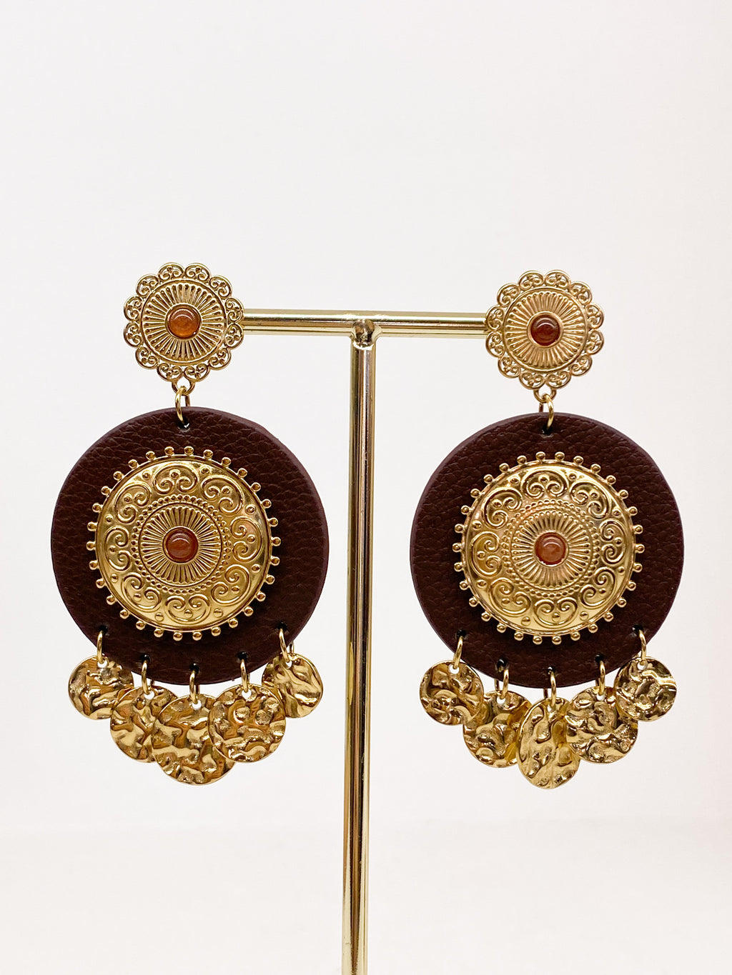 Boucles d’oreilles rondes effet cuir et résine