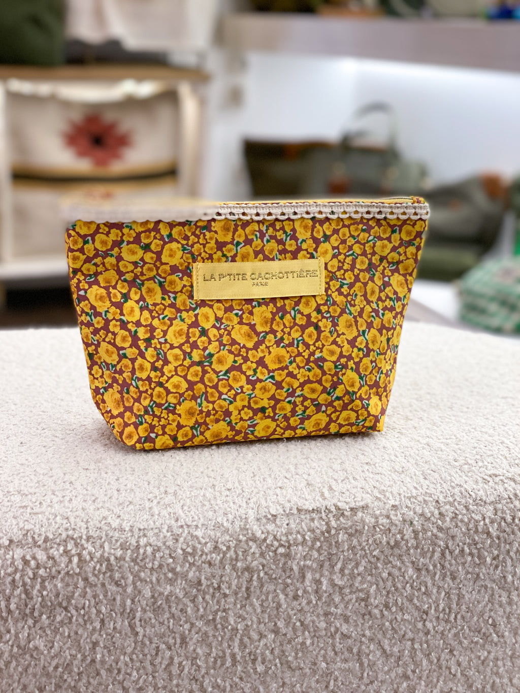 Pochette en coton zippée fleurie avec dentelle
