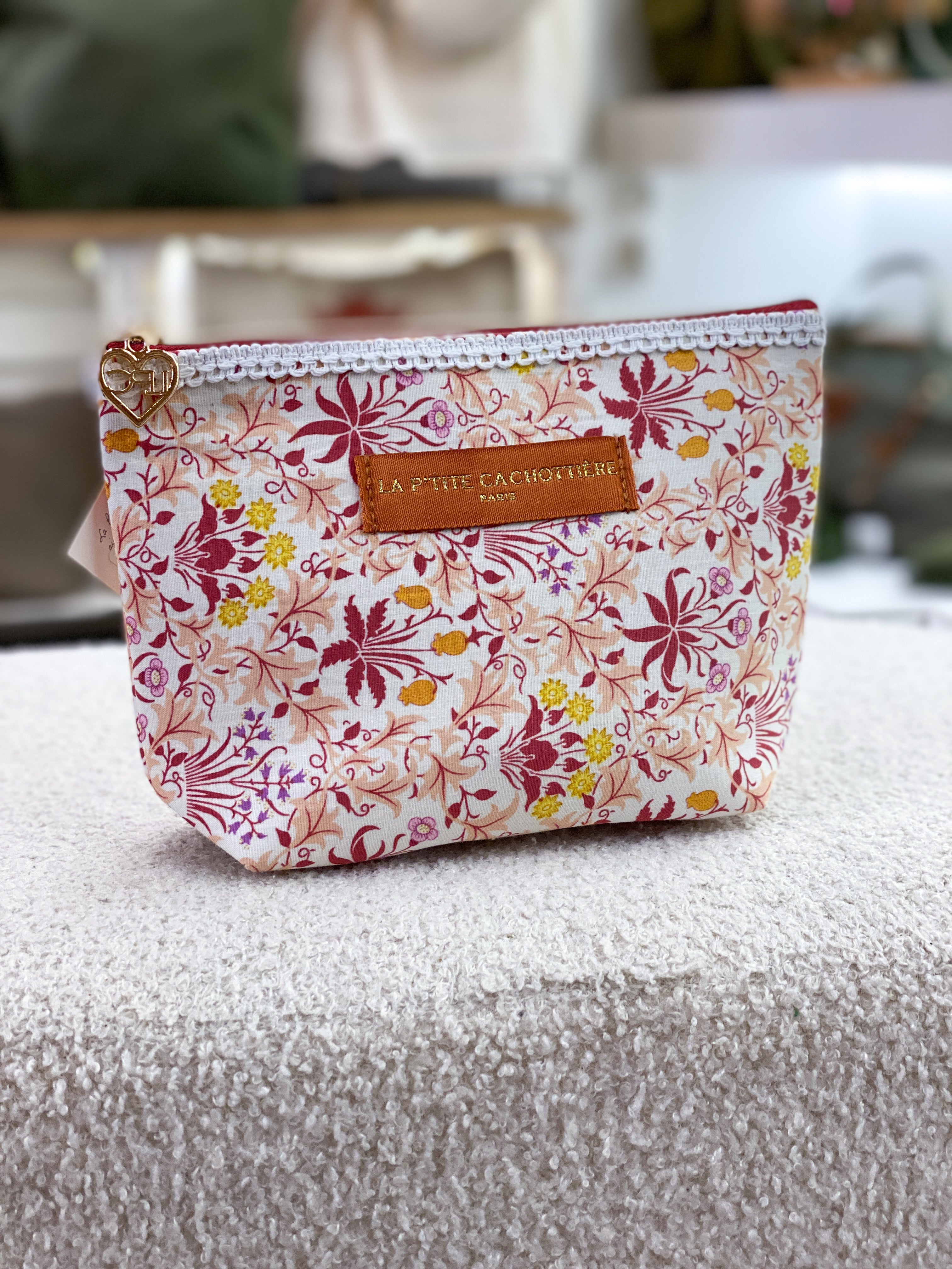 Pochette en coton zippée fleurie avec dentelle