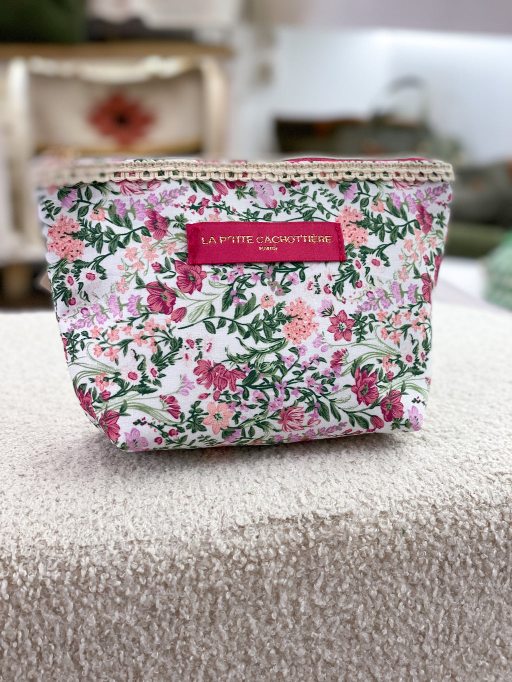 Pochette en coton zippée fleurie avec dentelle