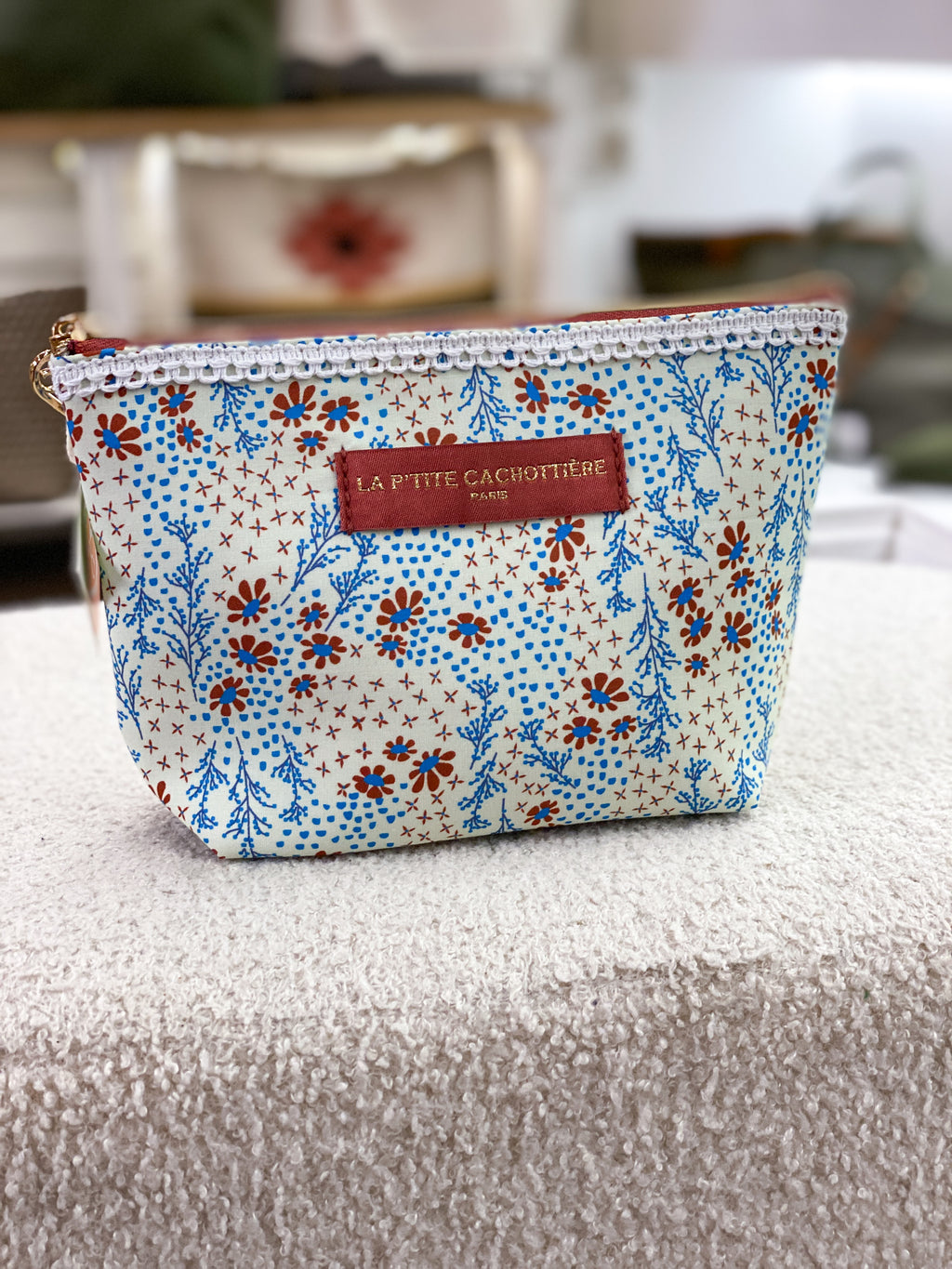 Pochette en coton zippée fleurie avec dentelle