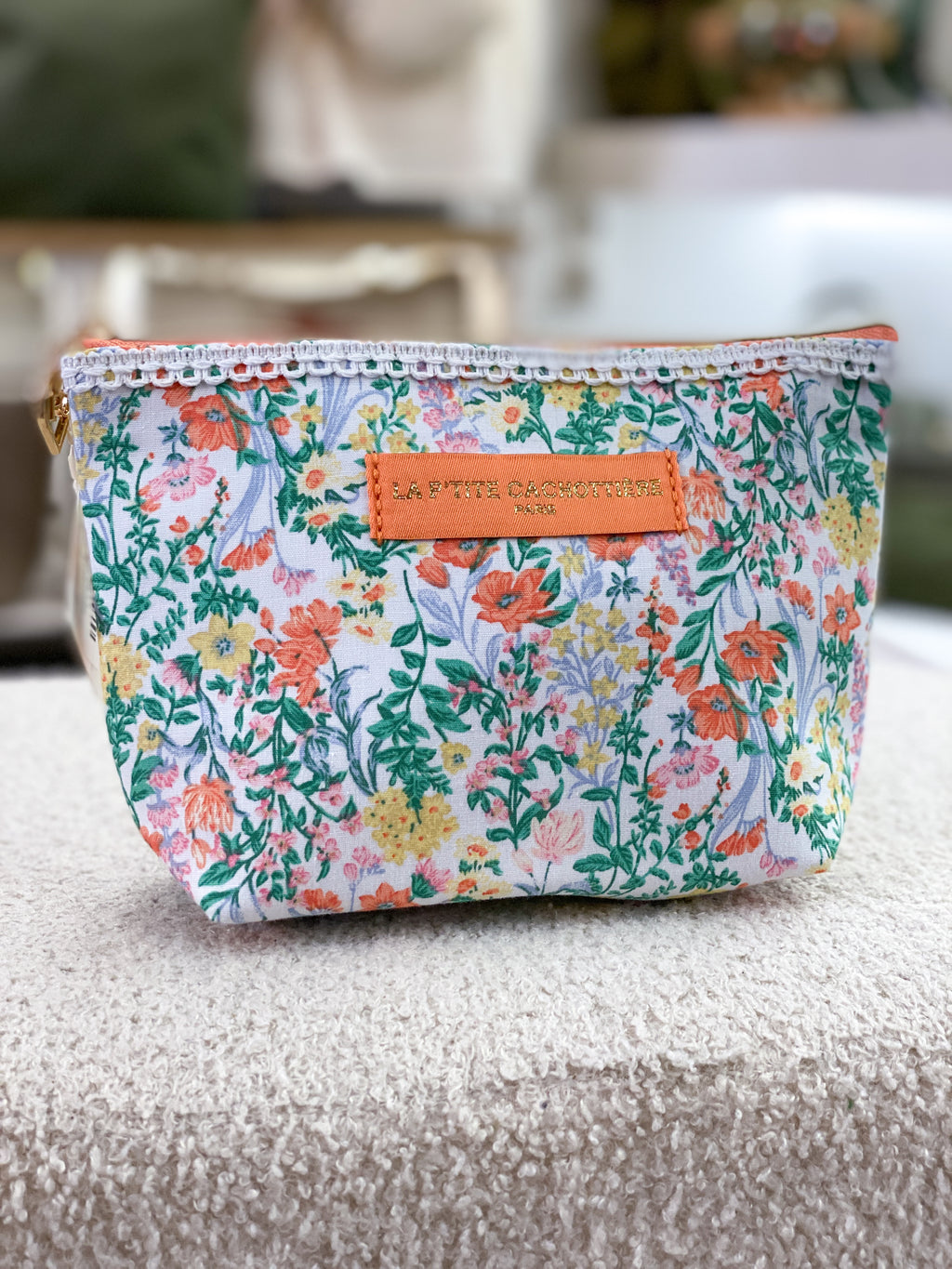 Pochette en coton zippée fleurie avec dentelle