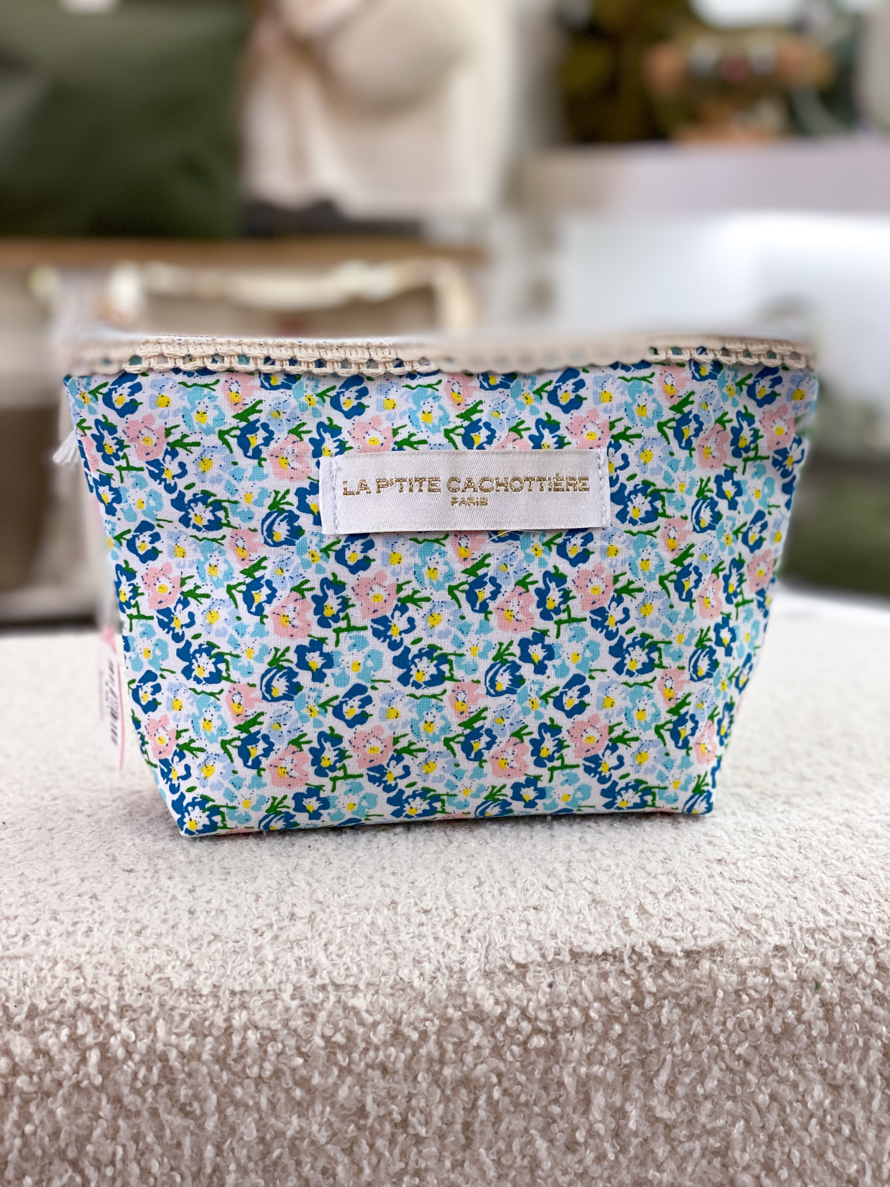 Pochette en coton zippée fleurie avec dentelle