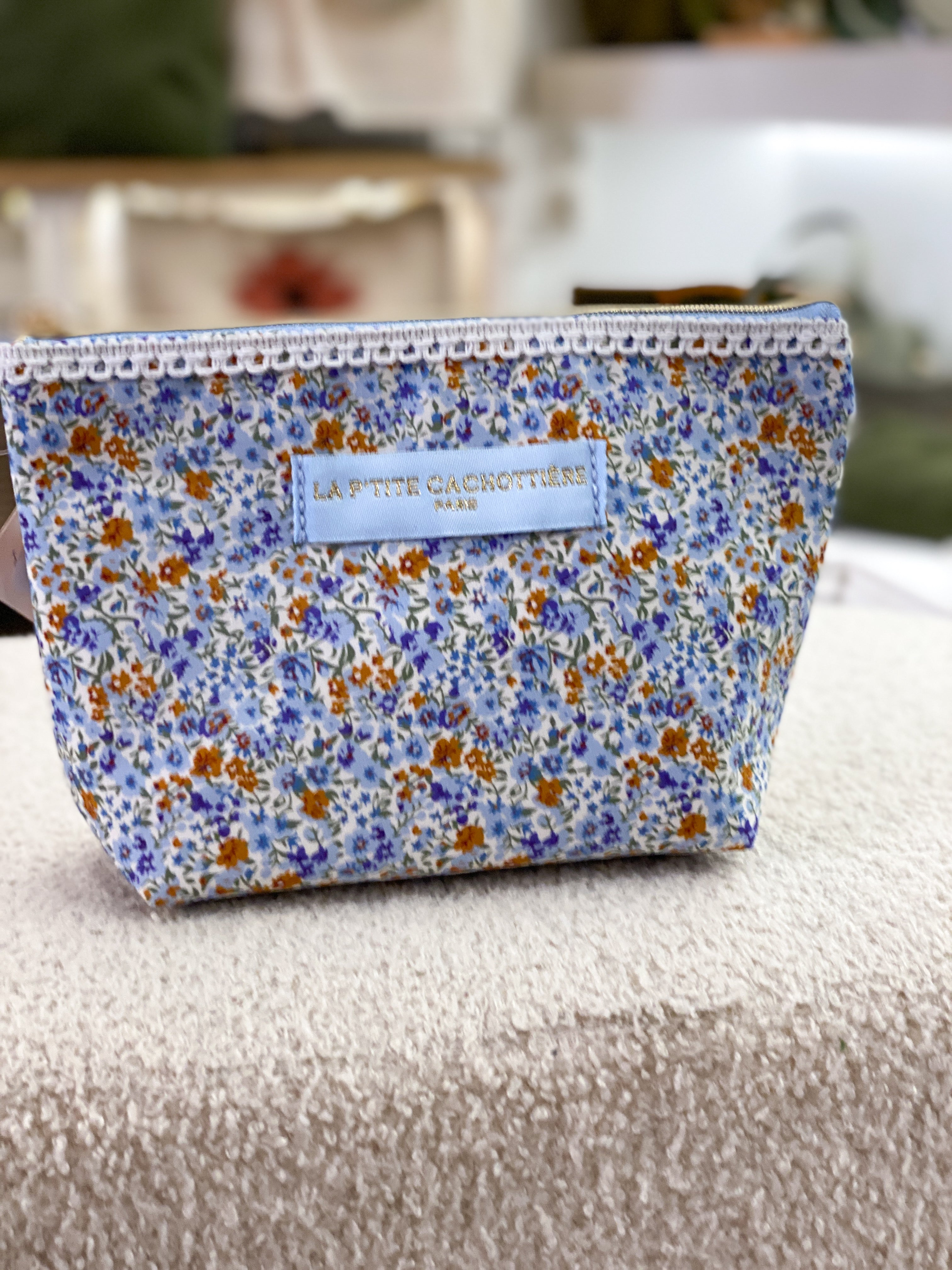 Pochette en coton zippée fleurie avec dentelle