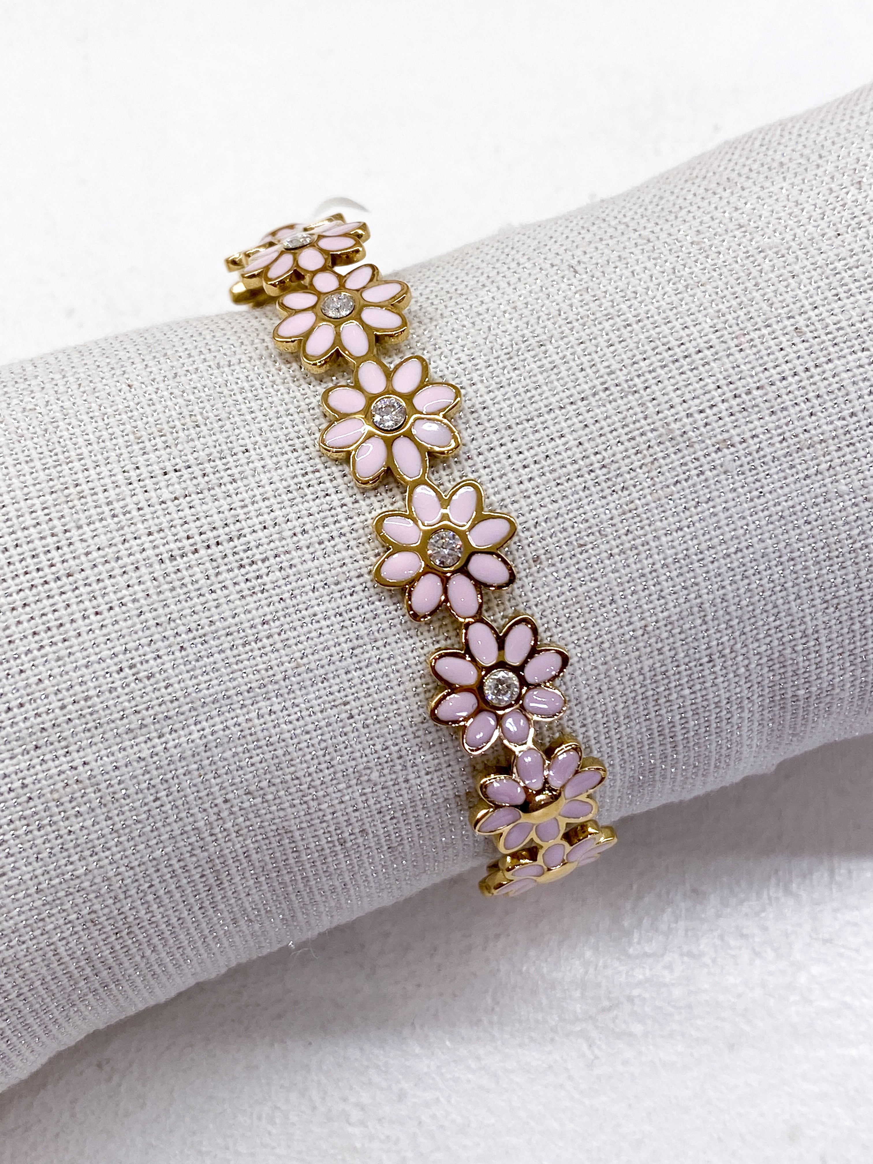 Bracelet jonc doré fin avec fleurs émaillées et stass