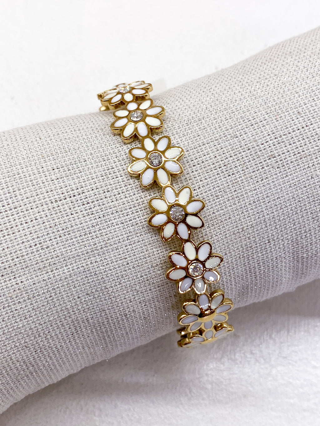 Bracelet jonc doré fin avec fleurs émaillées et stass