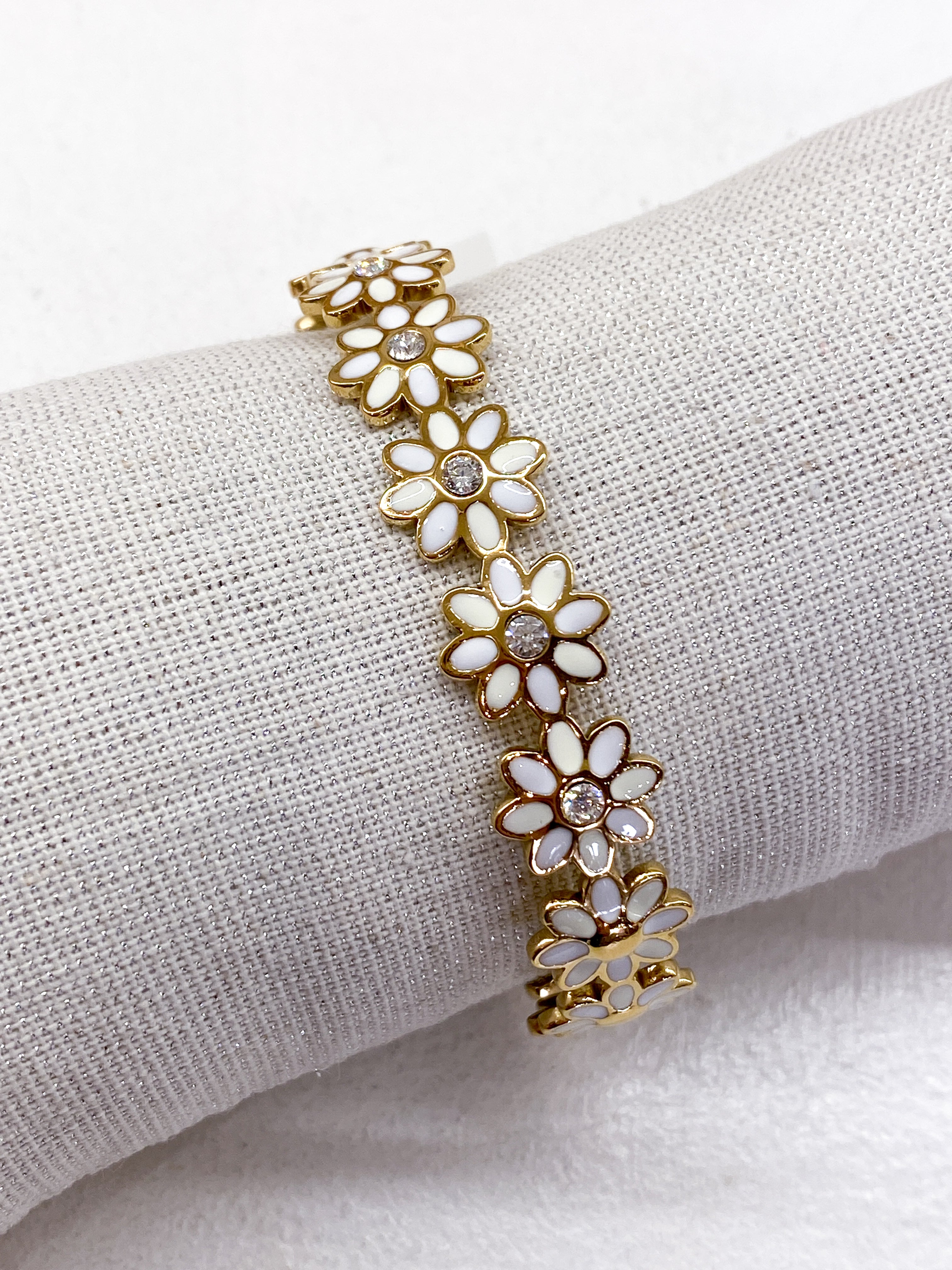 Bracelet jonc doré fin avec fleurs émaillées et stass
