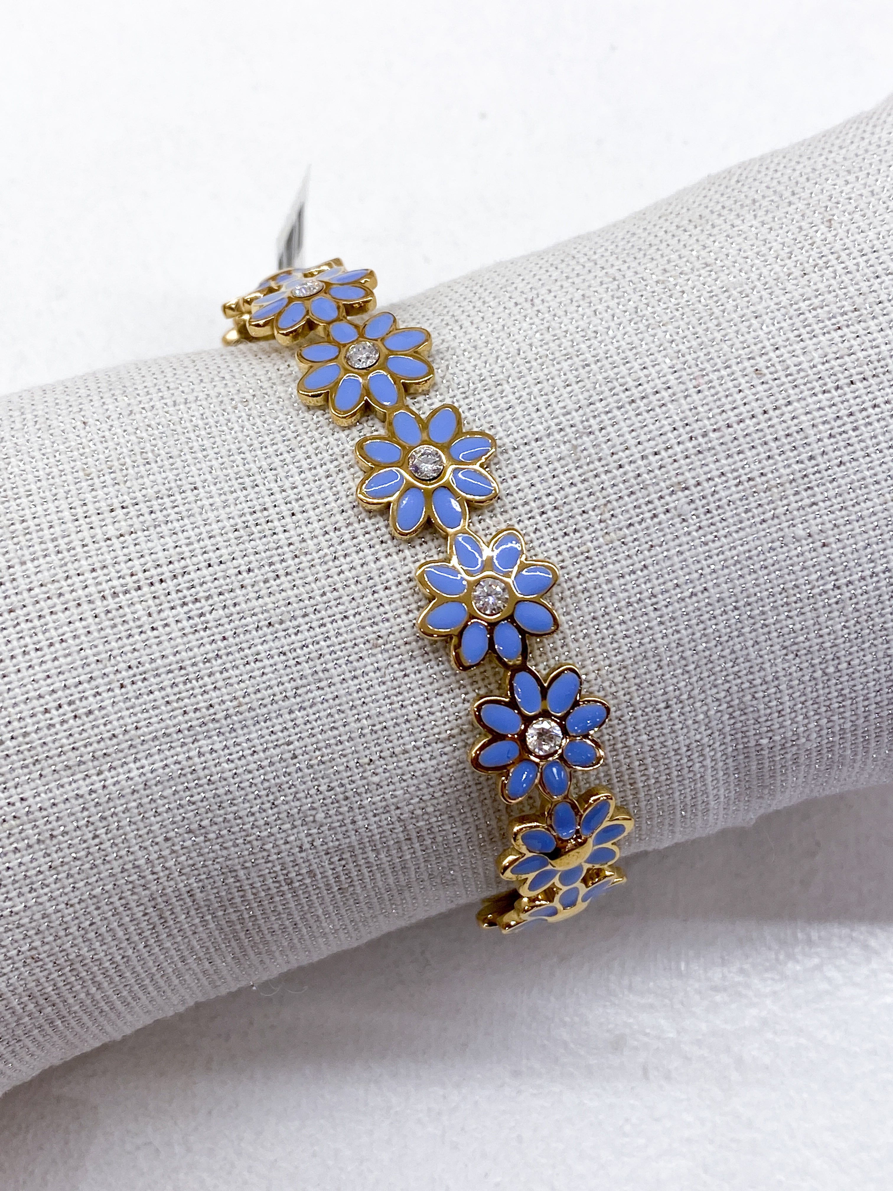 Bracelet jonc doré fin avec fleurs émaillées et stass