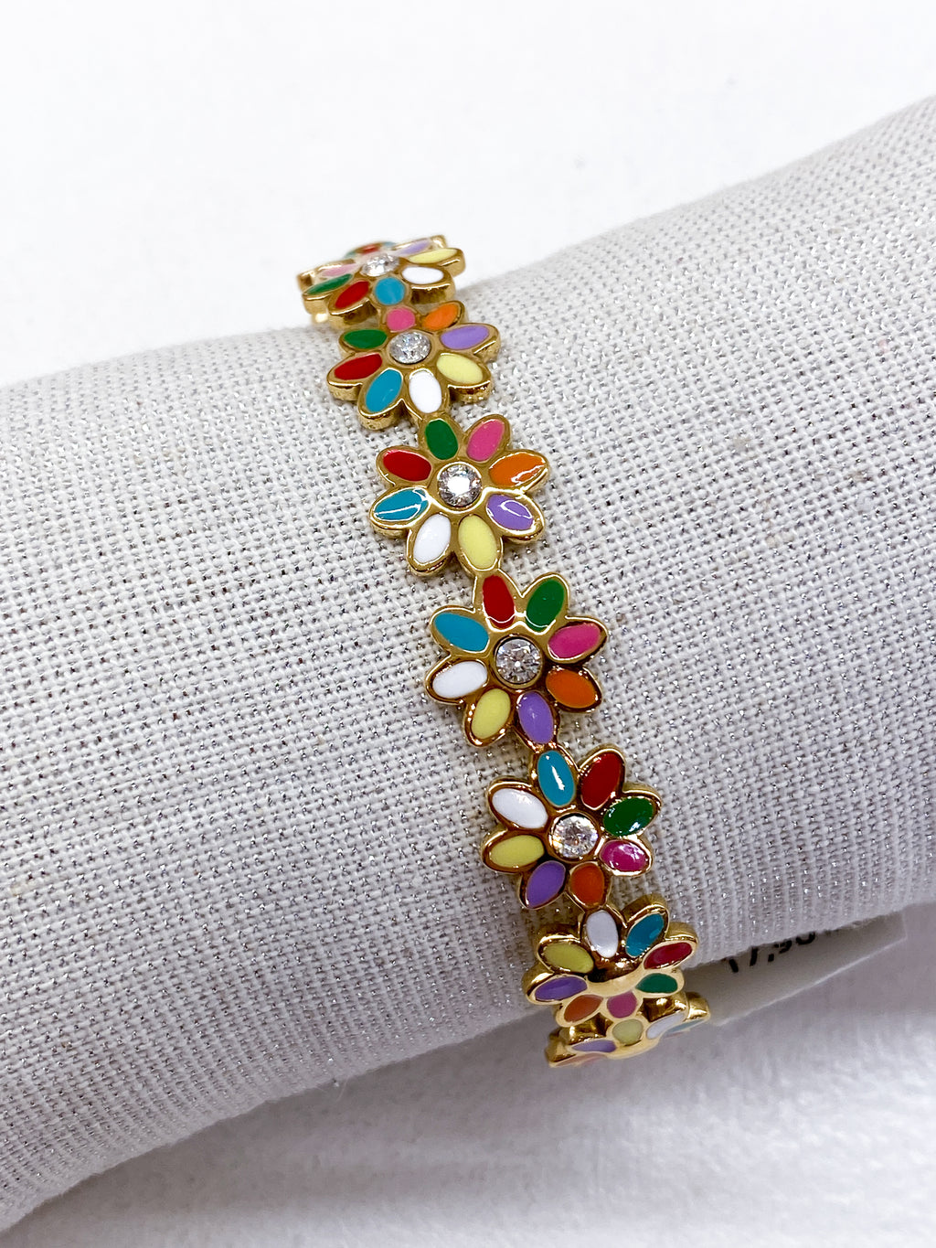 Bracelet jonc doré fin avec fleurs émaillées et stass