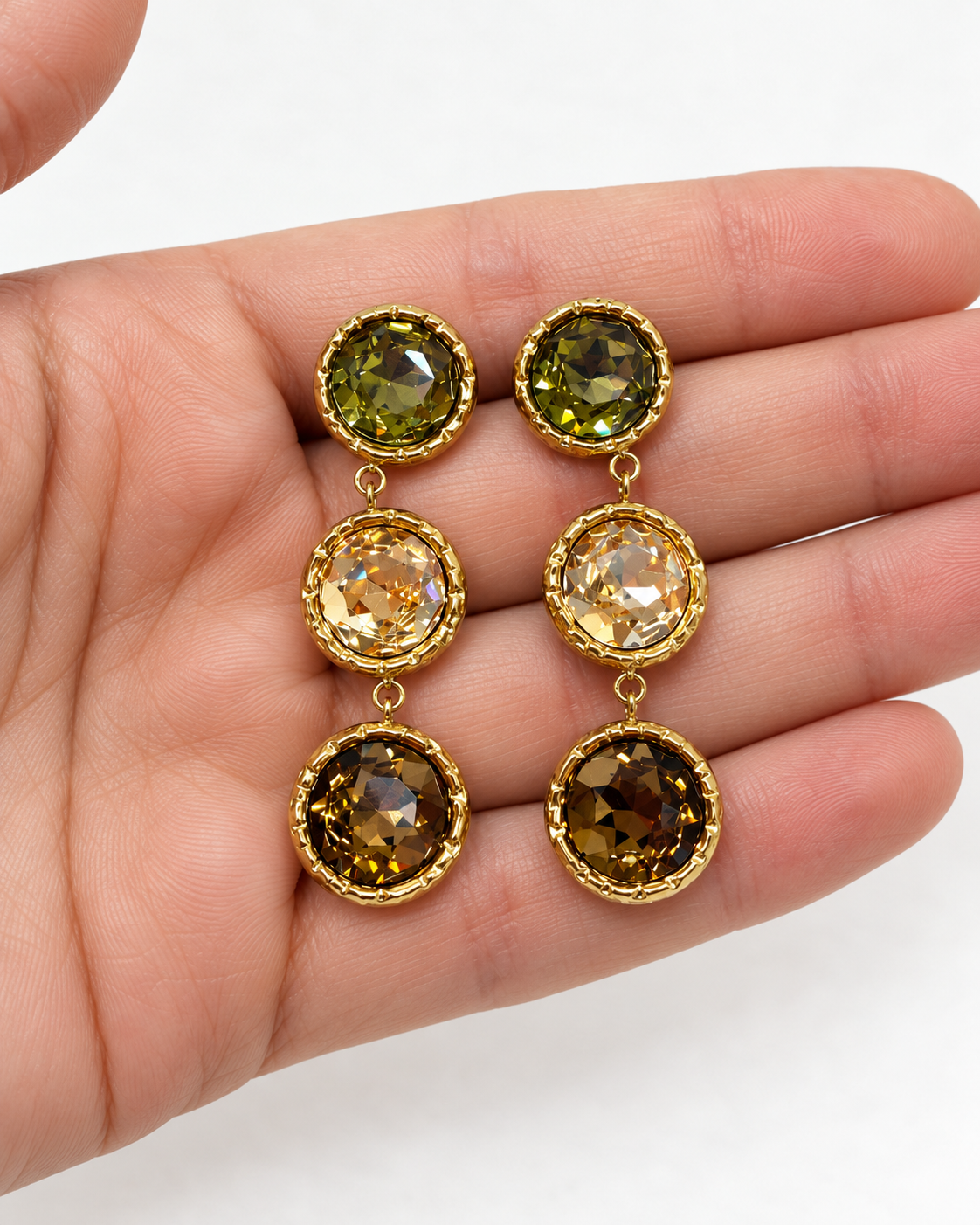 Boucles d’oreilles pendantes à trois niveaux en cristaux de verre vert, blanc et marron