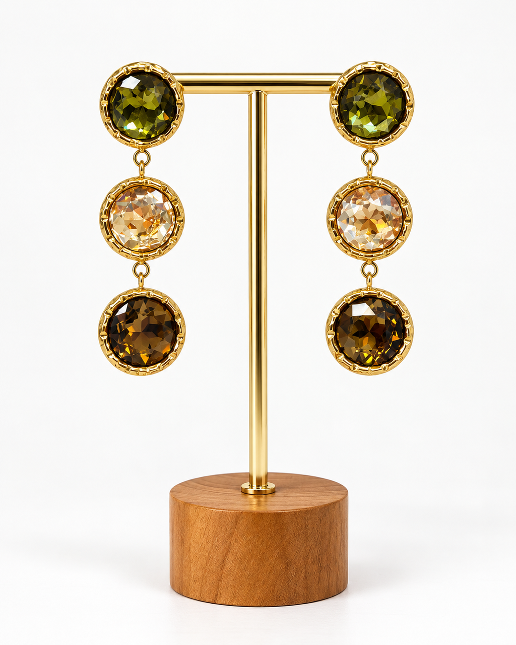 Boucles d’oreilles pendantes à trois niveaux en cristaux de verre vert, blanc et marron
