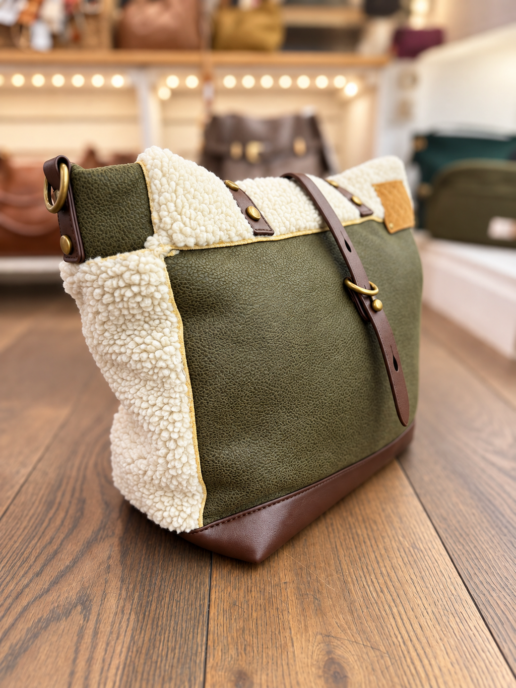 Grand sac à main Mandoline en moumoute blanc cassé et similicuir vert