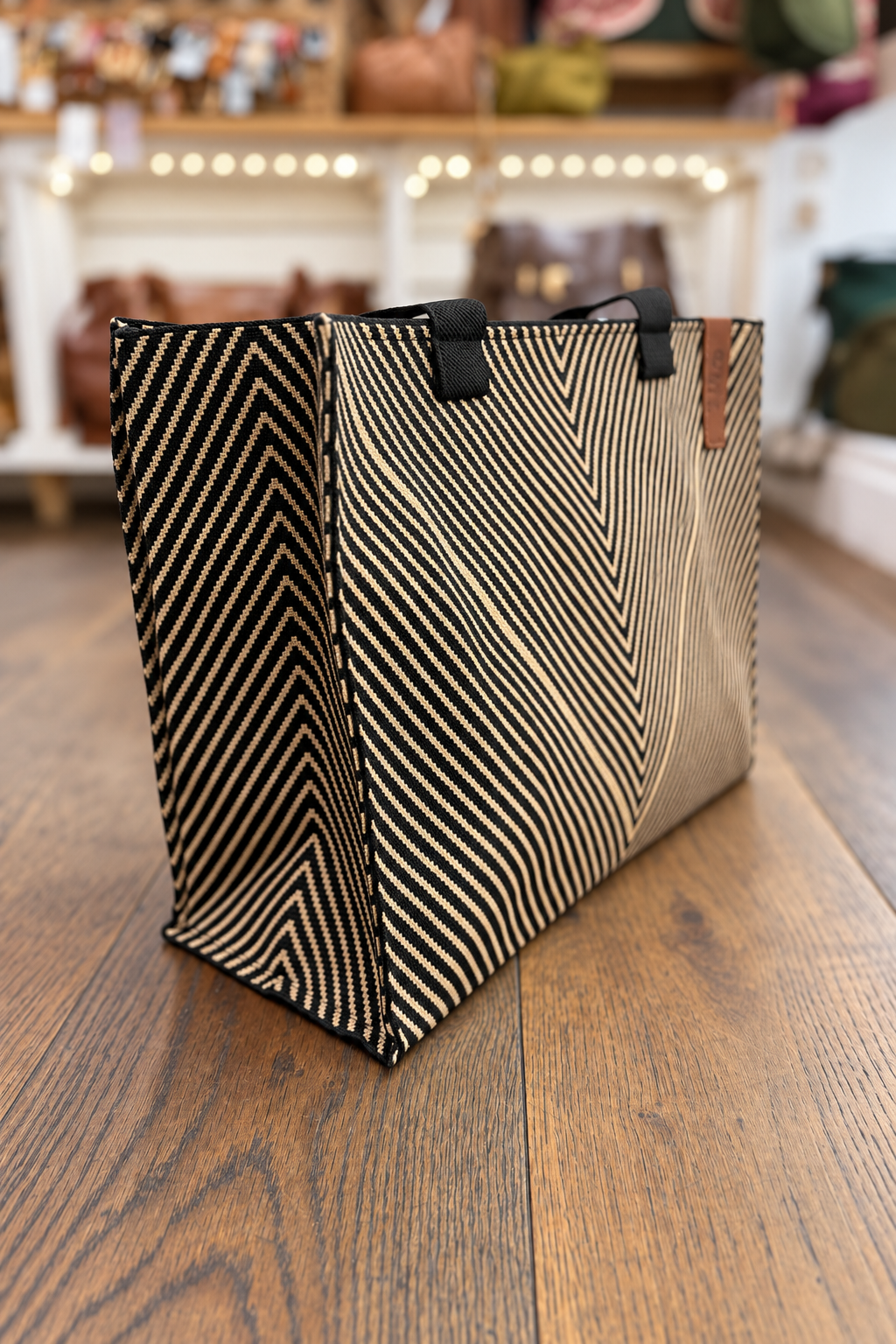 Sac à main Lot 83 noir et beige à rayures géométriques