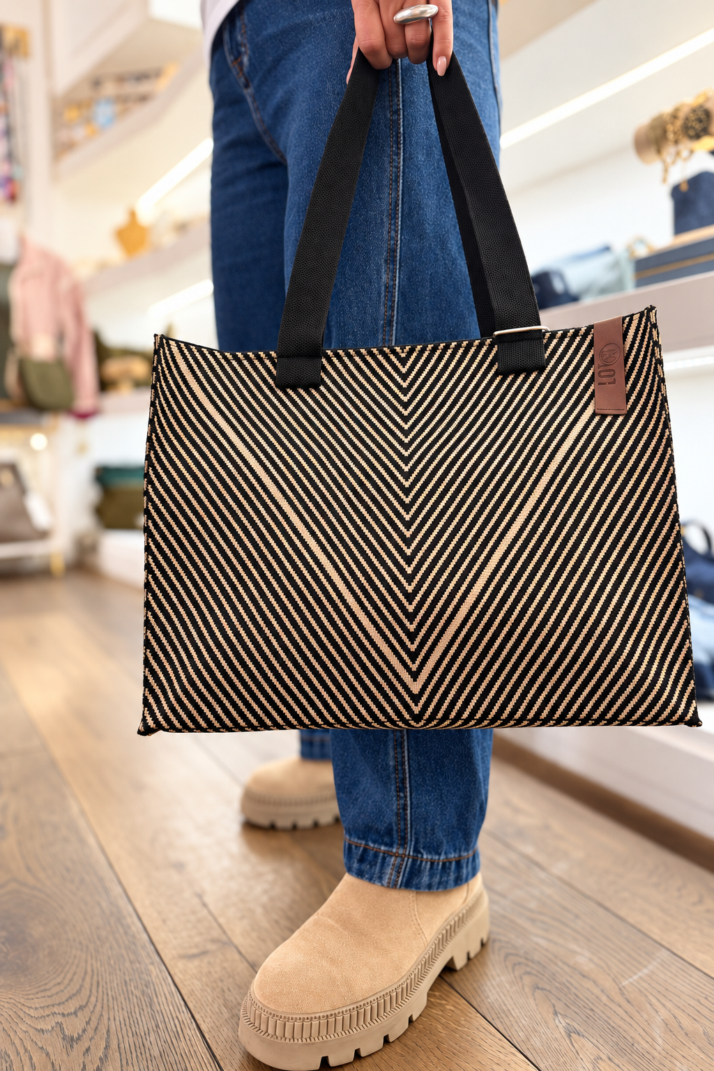 Sac à main Lot 83 noir et beige à rayures géométriques