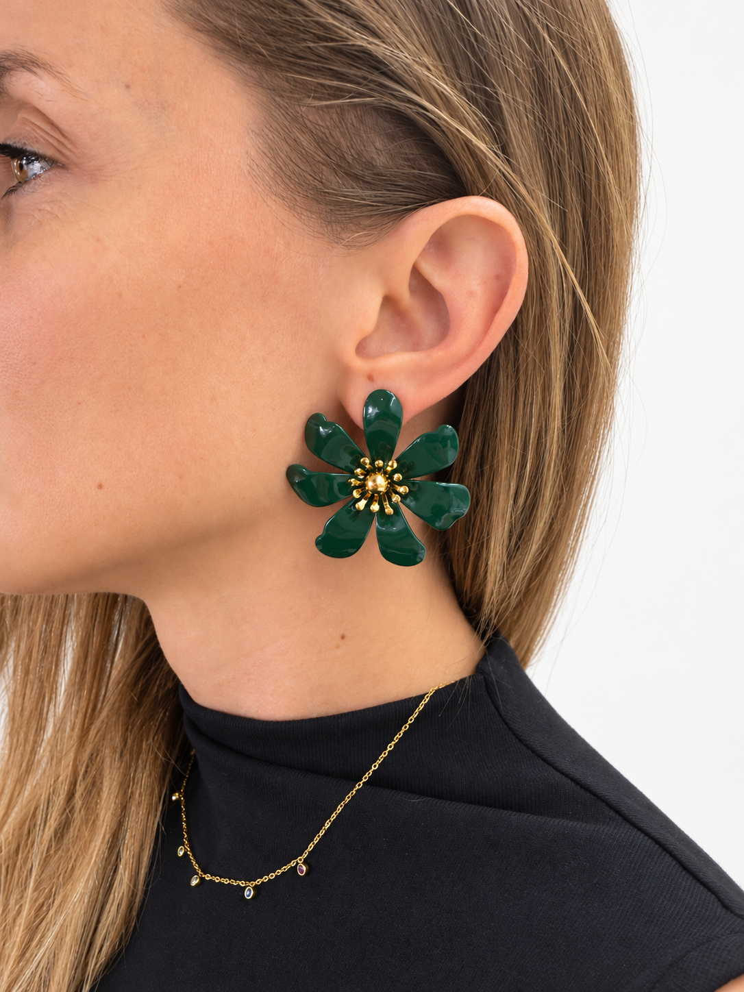 Boucles d’oreilles fleurs vertes et dorées
