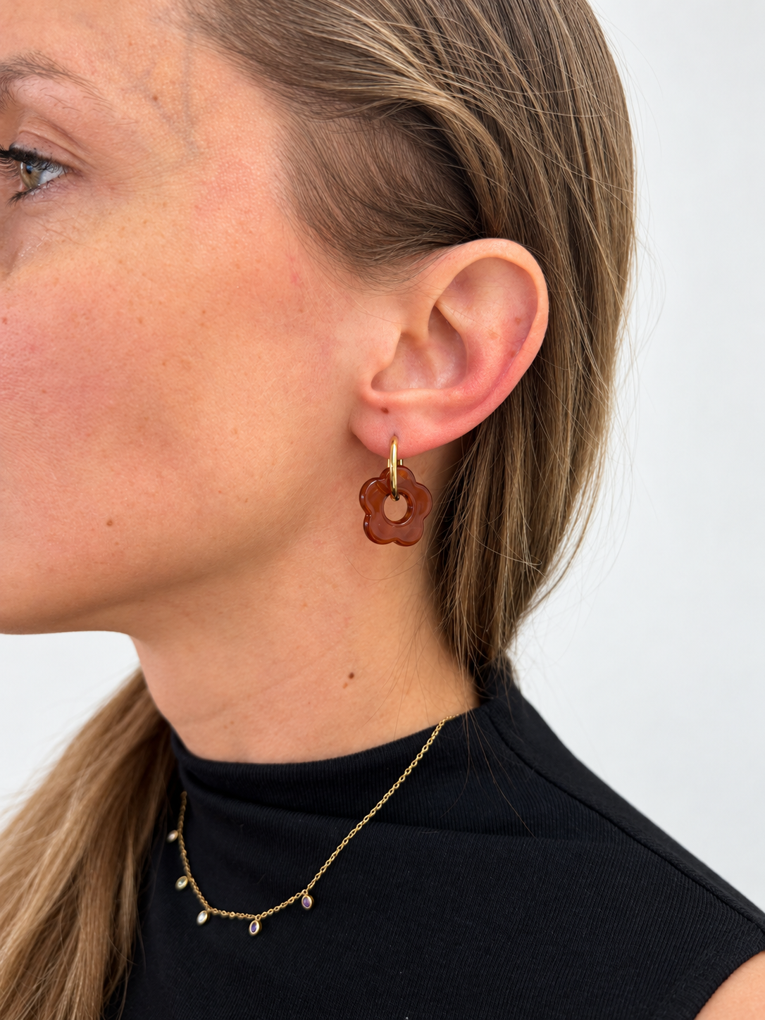 Boucles d’oreilles dorées fleurs en acétate caramel et léopard