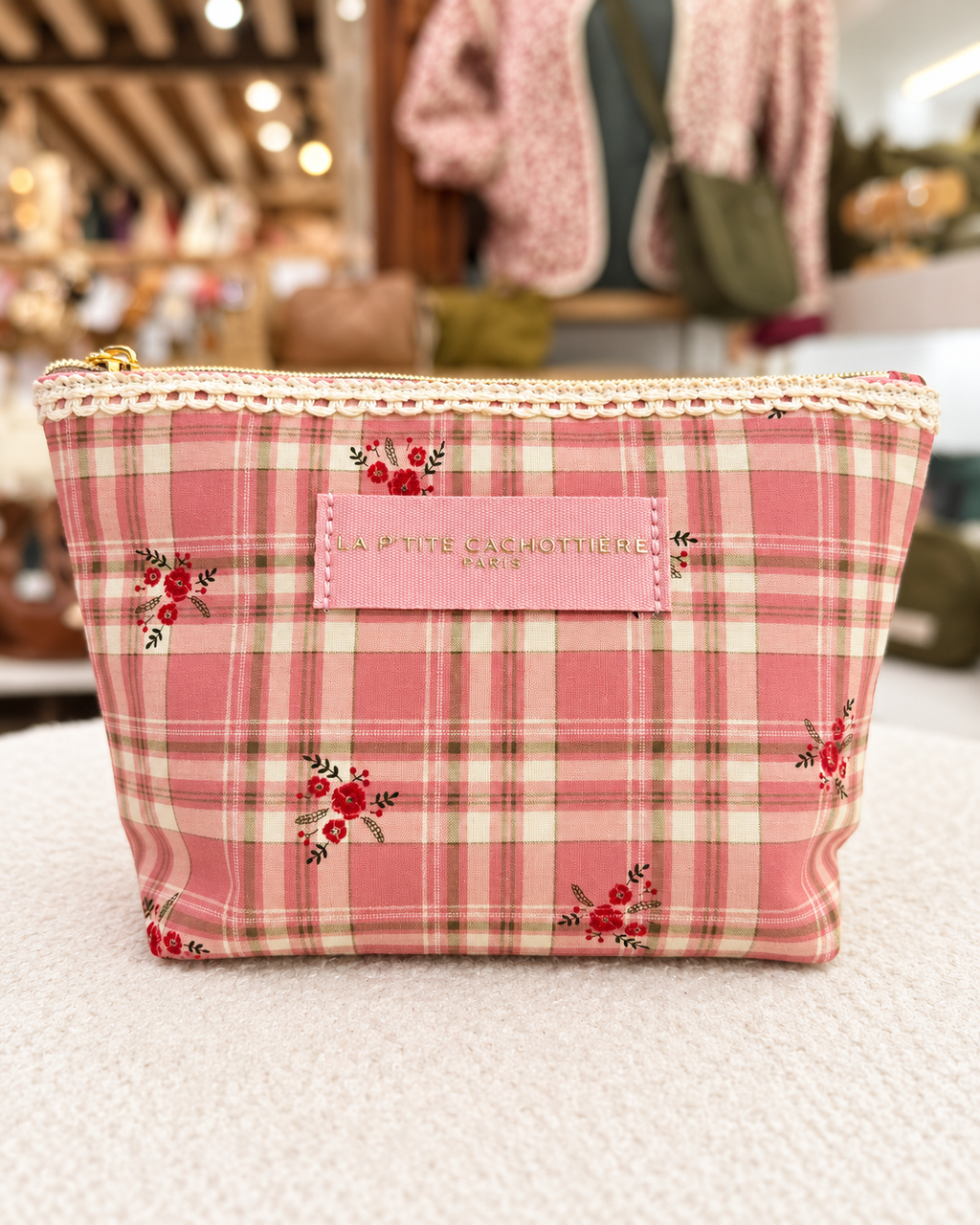Pochette en coton zippée fleurie avec dentelle