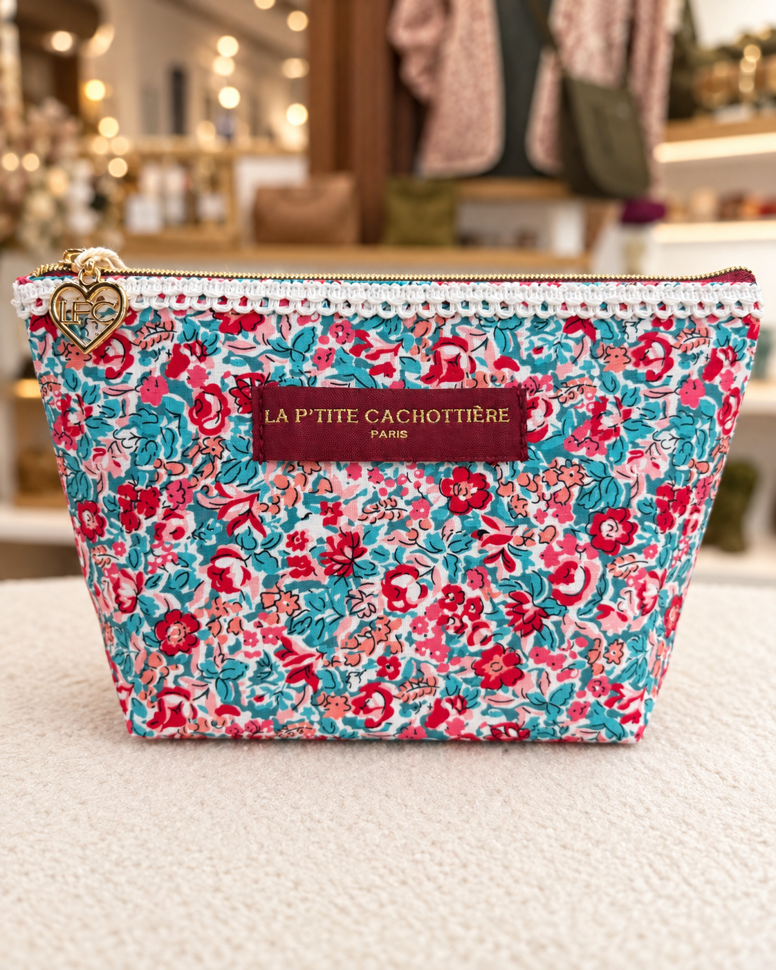 Pochette en coton zippée fleurie avec dentelle