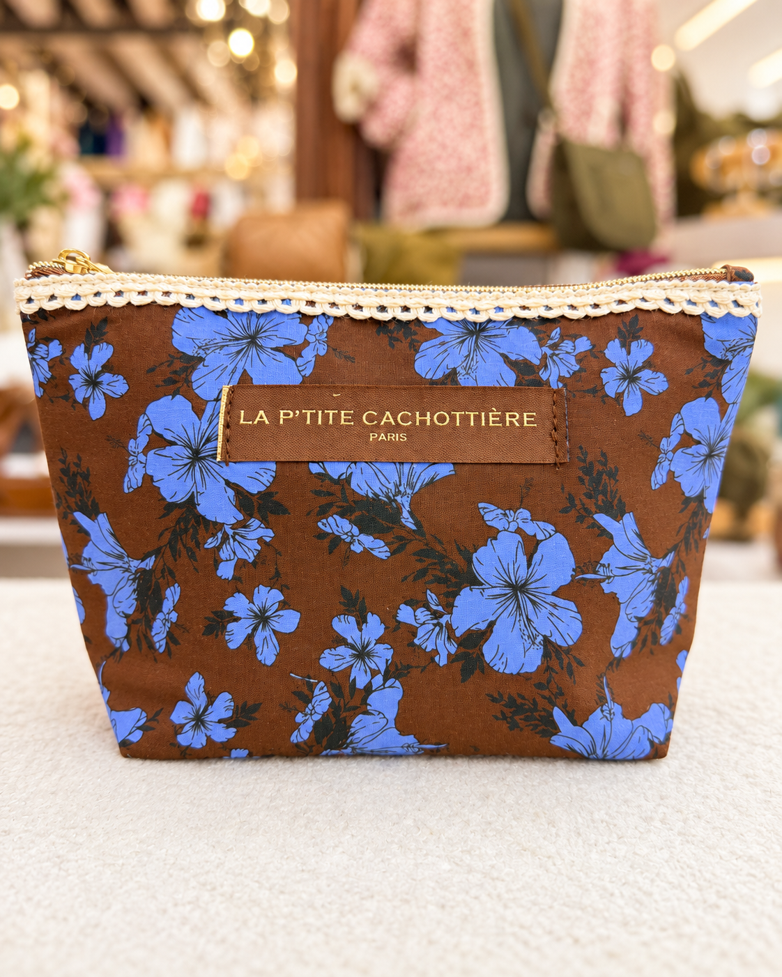 Pochette en coton zippée fleurie avec dentelle