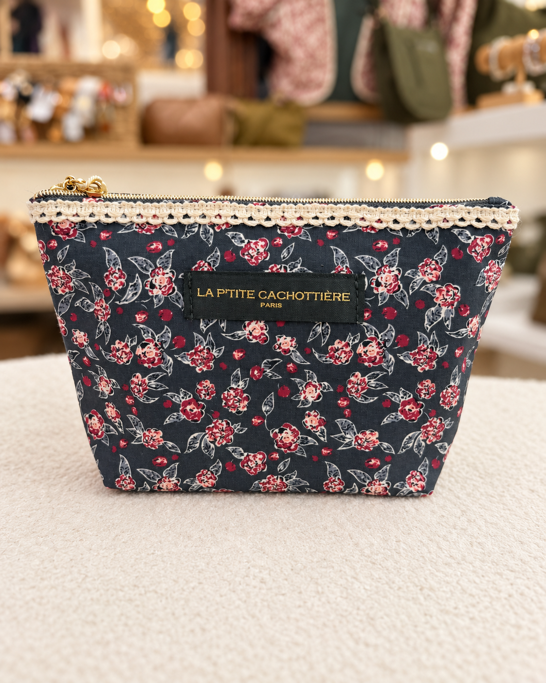 Pochette en coton zippée fleurie avec dentelle