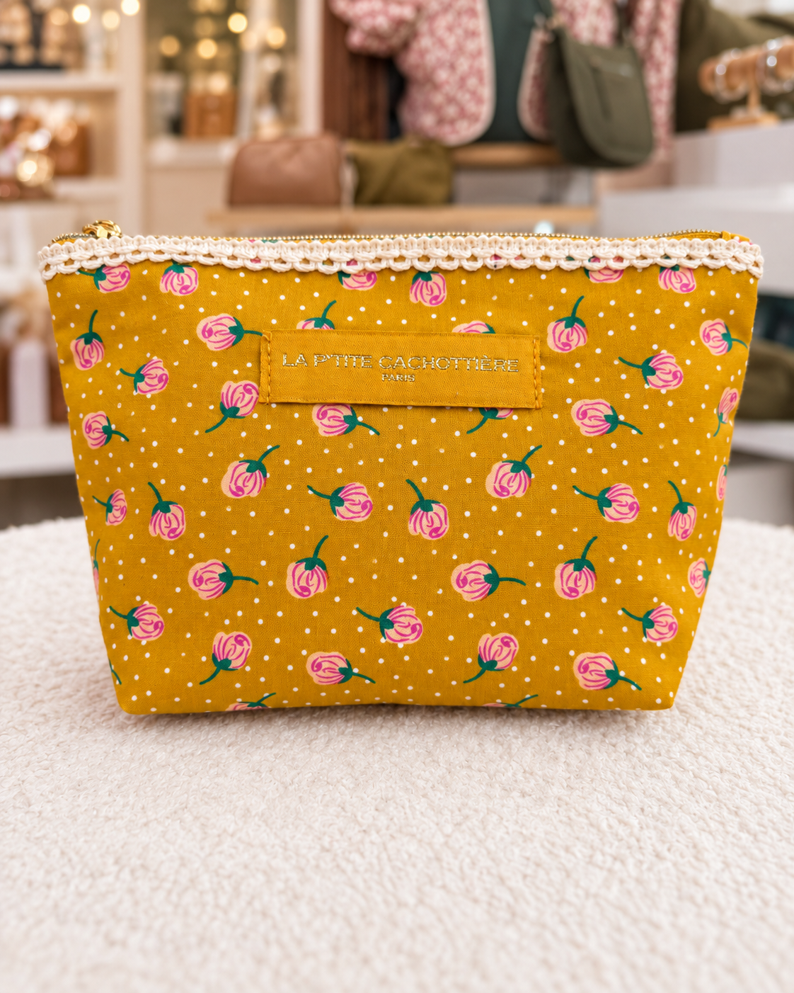 Pochette en coton zippée fleurie avec dentelle