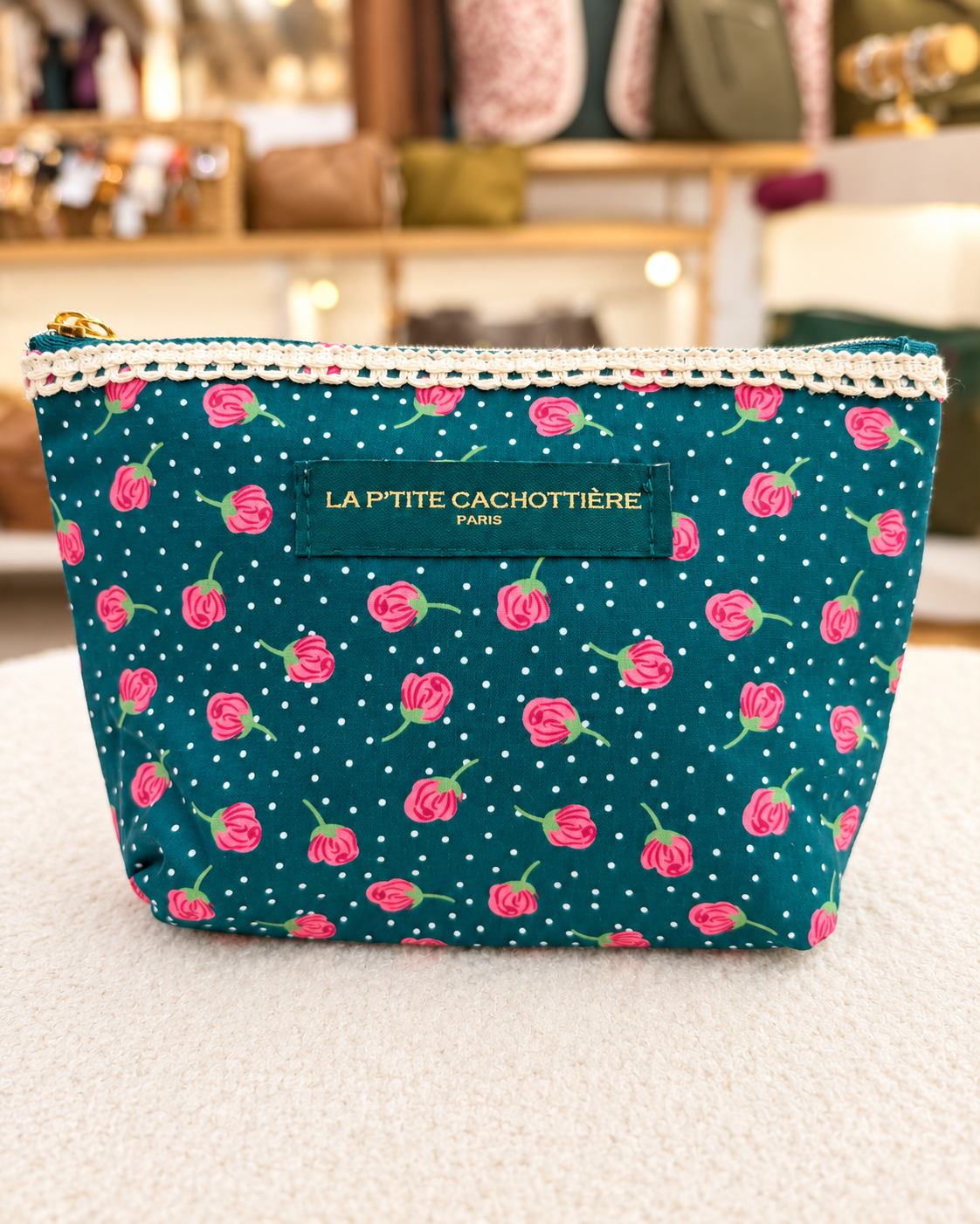 Pochette en coton zippée fleurie avec dentelle