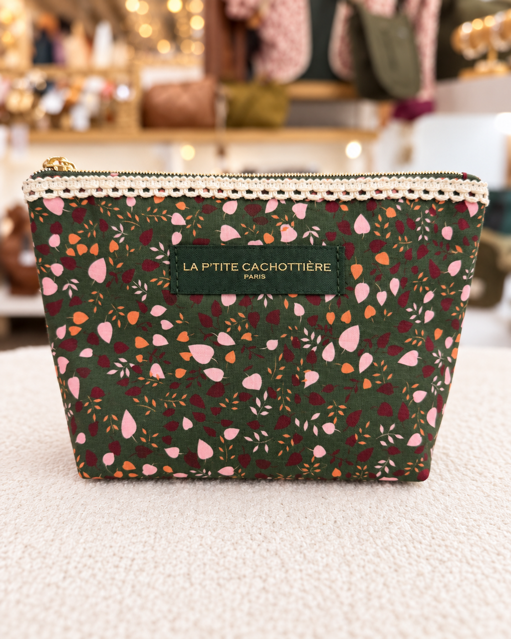 Pochette en coton zippée fleurie avec dentelle